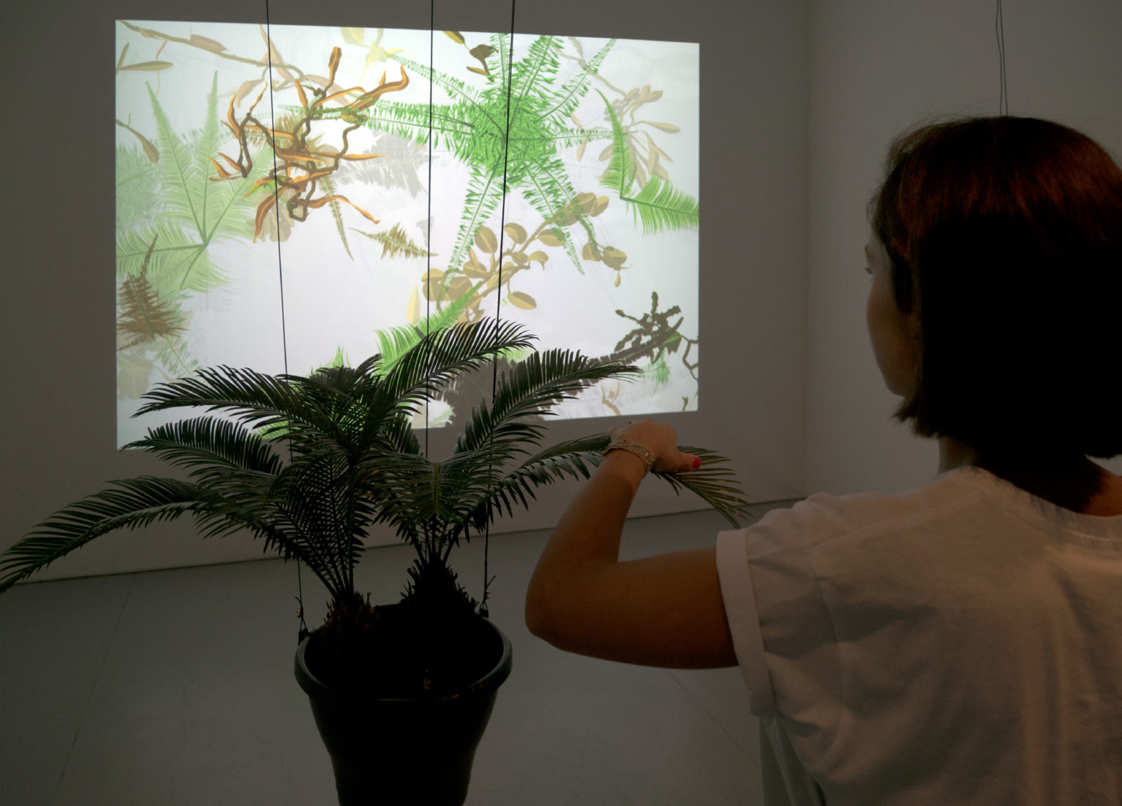 Woman touching a hanging plant with abstract art in background